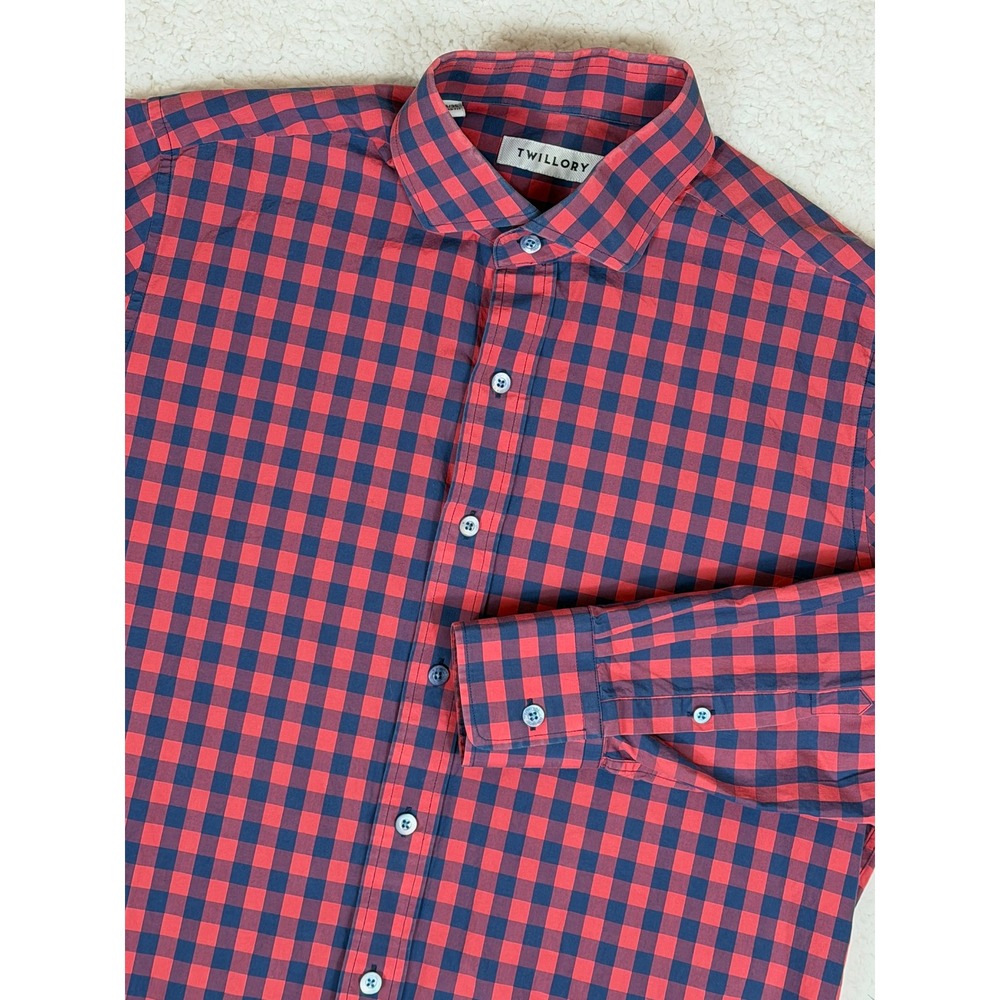 Twillory Mens 16 34/35 Tailored Fit Red Navy Gingham Button Down Shirt Cotton